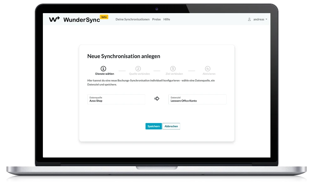 Screenshot WunderSync: Neue Verbindung zwischen Shop und Buchhaltungs-Lösung anlegen
