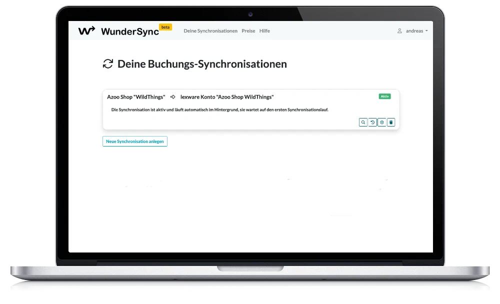 Screenshot: Überblick WunderSynce Verbindungen zwischen Online-Shops und Buchhaltungs-Lösungen