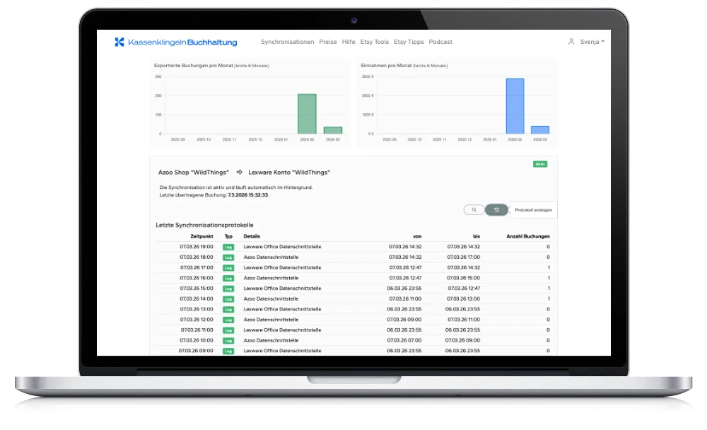 Screenshot: Kassenklingeln Buchhaltung Dashboard mit Übersicht der synchronisierten Buchungen